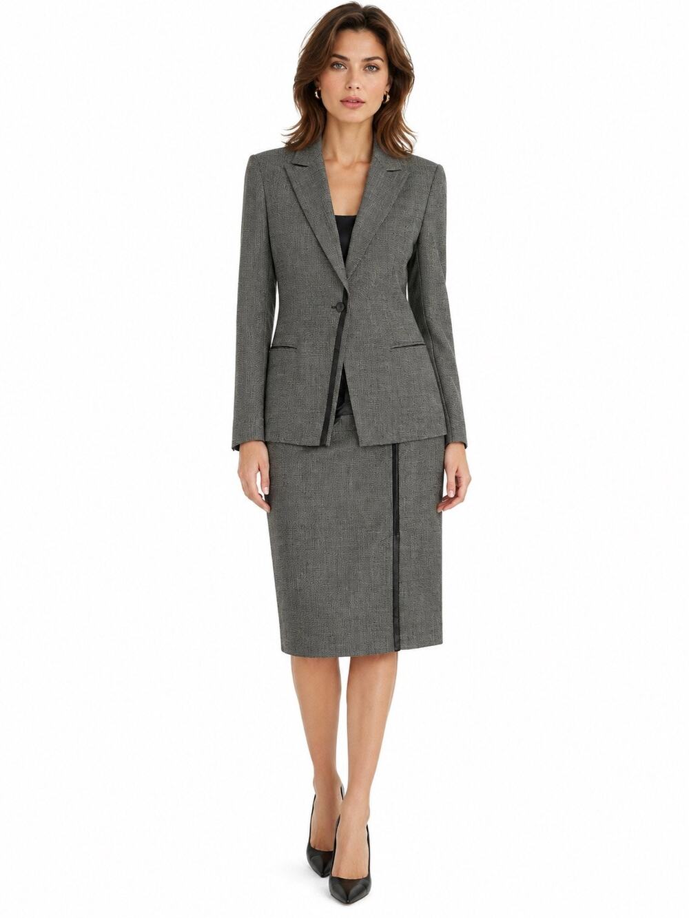 1990s Vintage Harvé Benard Sport Wool Leather Trim Skirt Suit Gray Medium